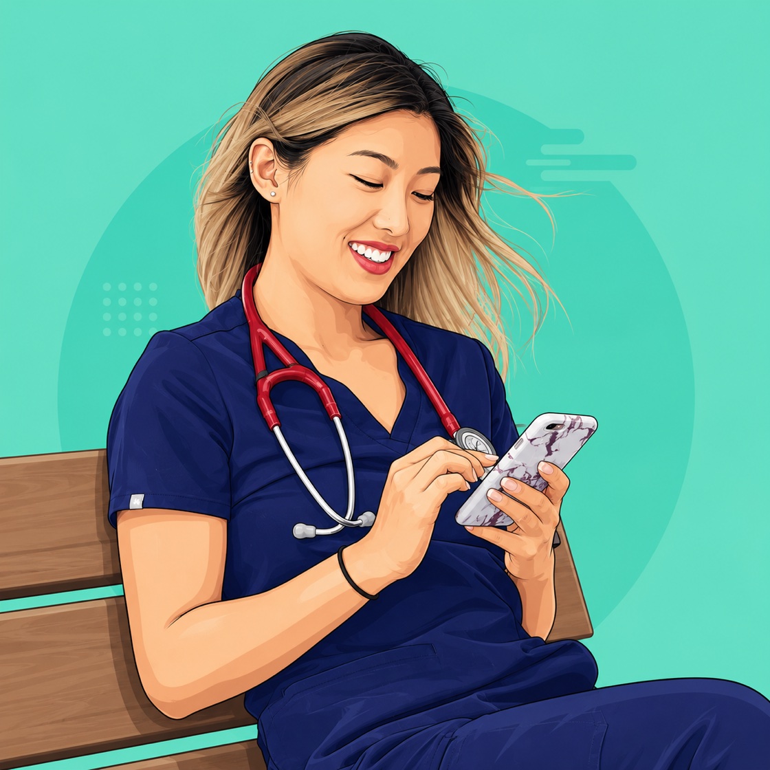 Illustration of a smiling nurse in scrubs checking her phone